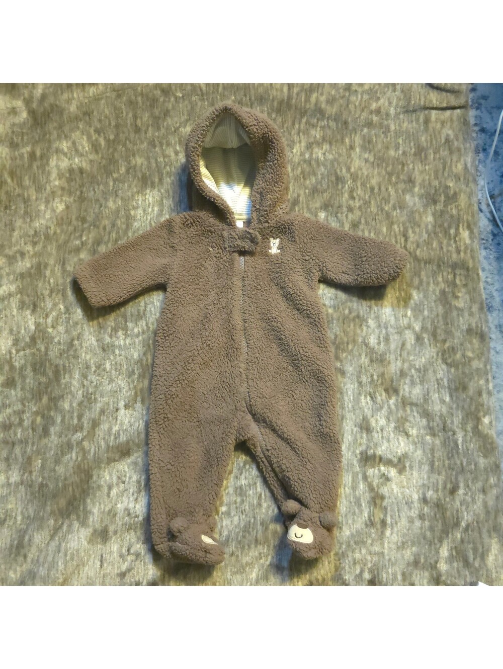 Carter's Brown Fleece Baby Onesie with Hood and Bear Feet, 3 Months